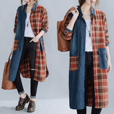 Literary Denim Plaid Stitching Mid-Length Shirt